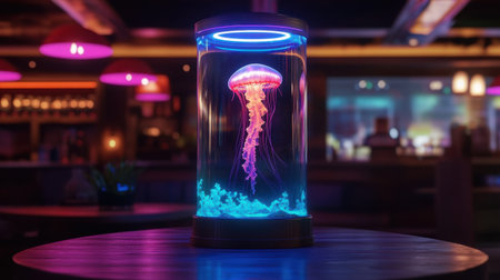 A captivating aquarium featuring a glowing jellyfish, surrounded by a mix of vibrant colors that create a serene and enchanting atmosphere perfect for modern decor.の素材