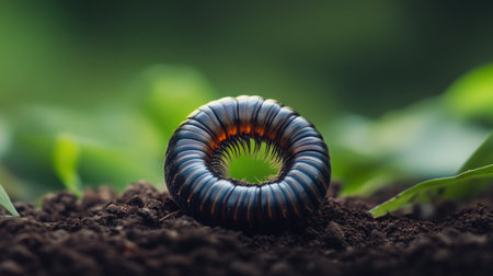 A striking close-up of a millipede on dark soil, encircled by lush green leaves, showcasing the intricate texture and color of this fascinating insect in its natural habitat.の素材