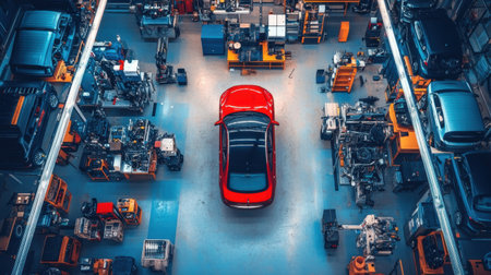 This striking aerial image showcases a vibrant red car in a well-organized mechanical workshop, surrounded by a variety of tools and equipment, perfect for auto repair and maintenance.の素材