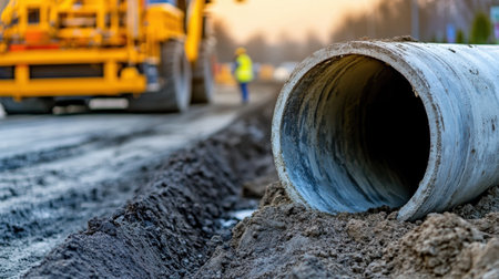 A construction site featuring a concrete pipe resting on the dirt, with heavy machinery in the background during sunset, illustrating urban infrastructure development.の素材