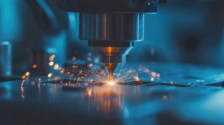 A close-up view of a laser cutting tool in action, creating sparks and light as it works on a metal surface in a modern industrial workshop setting.の素材