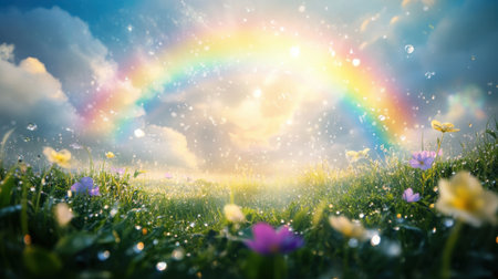 A captivating scene featuring a radiant rainbow over flourishing grass and colorful wildflowers, glistening with dew drops under a bright, cheerful sky.の素材