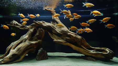 A stunning underwater view featuring orange fish gracefully swimming around beautifully crafted driftwood in a serene aquarium setup, highlighting aquatic beauty.の素材