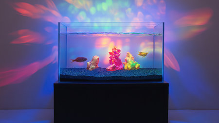 A stunning aquarium displaying tropical fish swimming amidst vibrant corals and colorful lights, creating an enchanting and peaceful aquatic environment.の素材