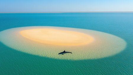 An aerial shot captures a serene moment with a shark swimming gracefully near a sandy island in shimmering turquoise waters, showcasing the beauty of nature.の素材