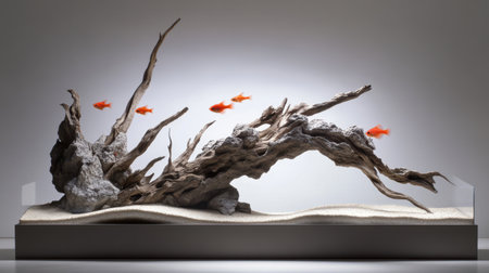 Dive into a beautifully crafted aquarium featuring uniquely shaped driftwood and lively goldfish, creating a serene underwater environment for relaxation and peace.の素材