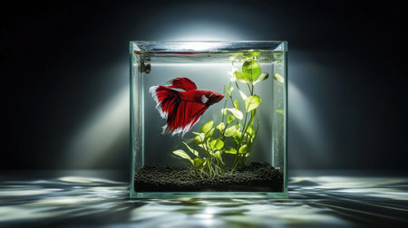 A stunning red betta fish elegantly swims in a crystal-clear glass aquarium. The vibrant aquatic plants and soft lighting create a serene and colorful underwater scene.の素材