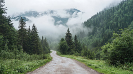 A tranquil mountain road winds through lush greenery and misty trees, creating a serene atmosphere. Perfect for nature lovers and travel enthusiasts seeking peace.の素材