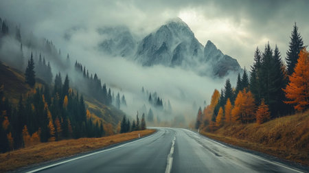 Serene landscape featuring a winding road surrounded by towering mountains and autumn trees, enveloped in mist and creating a tranquil atmosphere for adventure.の素材