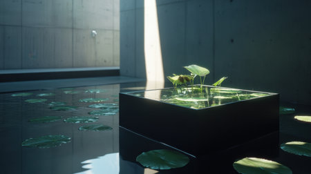 This captivating image features a tranquil indoor water feature, showcasing lotus leaves on still water, surrounded by sleek concrete walls and gentle lighting.の素材