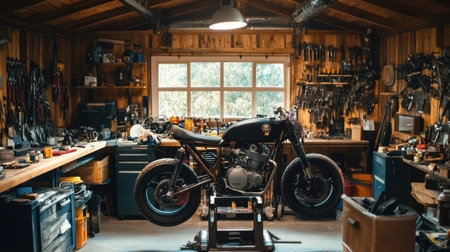 A captivating view of a vintage motorcycle positioned in a rustic workshop, filled with various tools and natural light, ideal for showcasing craftsmanship and creativity.の素材