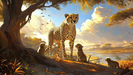 A stunning scene depicting a majestic cheetah standing with her playful cubs in a vibrant African landscape, bathed in warm golden light and tranquil beauty.の素材