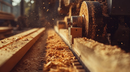 Captivating moment in a woodworking workshop showcasing machinery cutting through lumber, with sawdust flying, highlighting the beauty of craftsmanship and industry.の素材