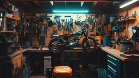 A vintage motorcycle sits atop a workbench in a cozy workshop filled with various tools and equipment, embodying a creative atmosphere ideal for restoration.の素材