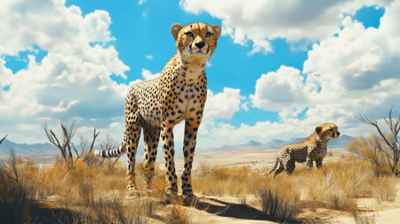 Two graceful cheetahs stand proudly in a serene desert landscape, showcasing their beauty against a striking blue sky with fluffy clouds.の素材