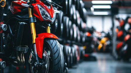 A striking close-up of a red sports motorcycle positioned prominently in a modern garage, surrounded by neatly arranged tires, showcasing its exquisite design and exceptional performance.の素材