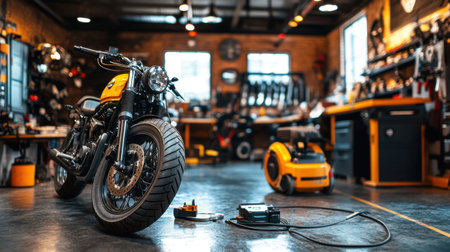 A stunning vintage motorcycle rests in a detailed workshop filled with tools and equipment, reflecting creativity and craftsmanship in an inspiring garage environment.の素材