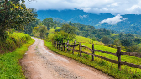 A tranquil country road meanders through lush green hills, framed by a rustic wooden fence, offering a picturesque view of majestic mountains under a cloudy sky.の素材