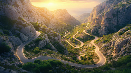 A breathtaking view of a winding mountain road at sunrise, surrounded by rocky formations and lush greenery, creating a tranquil atmosphere perfect for exploration.の素材