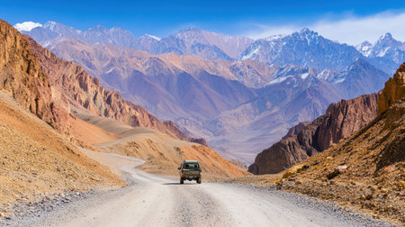 An off-road vehicle navigates a winding mountain road surrounded by stunning landscapes, inviting adventure seekers to explore the breathtaking wilderness.の素材