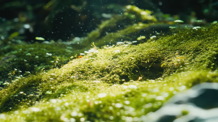 A close-up view of a lush green moss carpet glistening with dew droplets under soft sunlight, encapsulating the beauty of nature and tranquility in a serene forest environment.の素材