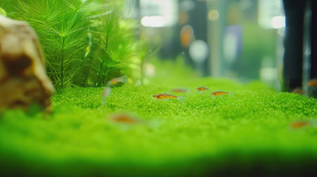 A vibrant aquarium scene featuring small fish swimming amidst dense green plants, showcasing the beauty of underwater life and serene aquatic environments.の素材