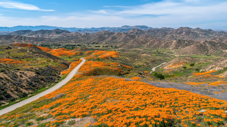 Experience the breathtaking beauty of rolling hills blanketed in vibrant orange poppies under a clear blue sky, a serene and tranquil nature scene perfect for outdoor enthusiasts.の素材