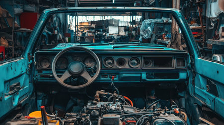 This image showcases the interior of a vintage car in a workshop, highlighting tools and equipment around it, ideal for themes in automotive restoration and repair.の素材