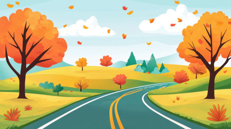 Vibrant autumn landscape featuring colorful trees along a winding road, with leaves gently falling. This scenic view captures the essence of fall and tranquility.の素材