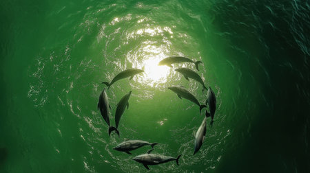 A mesmerizing aerial view of dolphins swimming in a perfect circle under a bright sunlight in clear green water, showcasing the beauty of marine life and nature.の素材