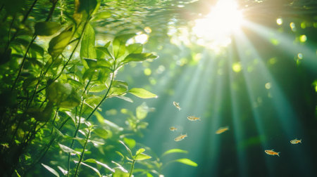 A peaceful underwater scene capturing the soft rays of sunlight filtering through vibrant green plants, with small fishes swimming gracefully in a tranquil environment.の素材