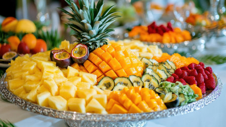A vibrant assortment of fresh fruits elegantly arranged on a silver tray, featuring pineapple, mango, kiwi, and berries, ideal for events and celebrations.の素材