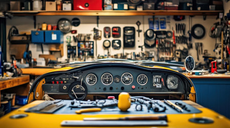 Explore a vintage car dashboard in a mechanic's workshop, surrounded by an array of tools and equipment, capturing the charm of classic vehicle restoration.の素材
