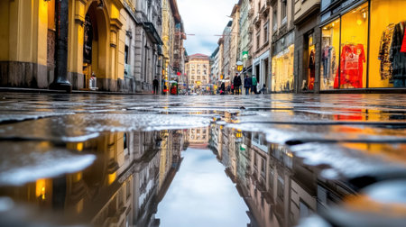 Urban street view captured after rain, showcasing reflections on wet pavement, historical architecture, and modern retail shops. A vibrant scene of city life.の素材