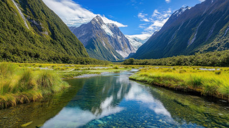 A stunning view of a calm river winding through a valley, framed by towering mountains and vivid greenery, showcasing the beauty of untouched wilderness under a bright sky.の素材