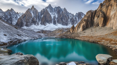 Discover a breathtaking mountain landscape featuring a clear turquoise lake, surrounded by towering snow-capped peaks and rocky terrain, offering serene natural beauty.の素材