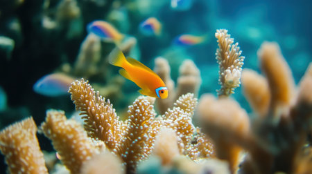 This stunning underwater scene captures a vibrant yellow fish gracefully swimming among soft coral in a clear blue ocean. Perfect for nature lovers!の素材