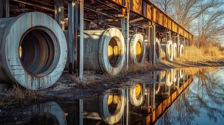 A striking industrial scene featuring circular concrete pipes lined up under a rusty framework, beautifully reflecting in still water under sunlight and a clear sky.の素材