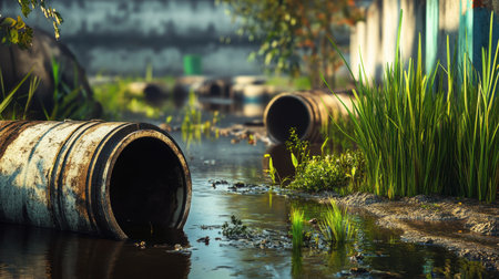 An atmospheric view of rusty pipes leading into a stagnant waterway, surrounded by overgrown grass, highlighting themes of neglect and environmental decay.の素材
