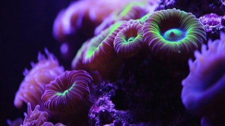Discover a mesmerizing underwater scene showcasing vibrant coral and soft coral growth illuminated by deep ocean light, revealing the beauty of marine life.の素材