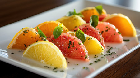 A beautiful arrangement of fresh citrus slices including orange, lemon, and grapefruit, garnished with mint, ideal for health-conscious meals or food photography.の素材