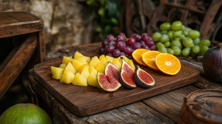 A vibrant display of fresh fruit including sliced figs, oranges, and juicy grapes arranged artfully on a wooden board, perfect for healthy snacking and culinary inspiration.の素材