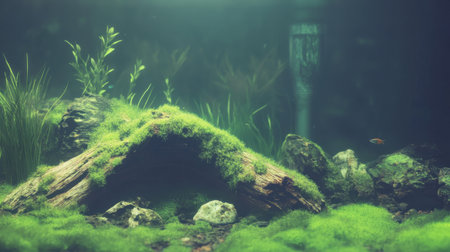 Dive into a tranquil underwater world featuring a lush aquarium landscape with moss-covered rocks, soft lighting, and vibrant greenery perfect for relaxation.の素材
