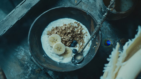 A beautiful bowl featuring creamy yogurt topped with crunchy granola, fresh banana slices, and vibrant blueberries, perfect for a nutritious breakfast or snack.の素材
