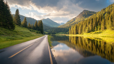 A stunning landscape featuring a winding road beside a tranquil lake, flanked by majestic mountains and lush trees, capturing the essence of nature's beauty.の素材