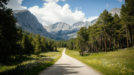 A tranquil scene featuring a dirt road winding through a lush green forest, framed by majestic mountains and a clear blue sky adorned with clouds. Perfect for nature lovers.の素材