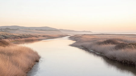 A serene coastal landscape at dawn showcases a calm waterway bordered by golden reeds. Soft morning light envelops this peaceful nature scene, reflecting tranquility.の素材