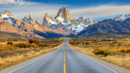 A breathtaking open road stretches toward majestic mountains under a clear blue sky, offering a stunning view of nature's beauty and inviting exploration.の素材