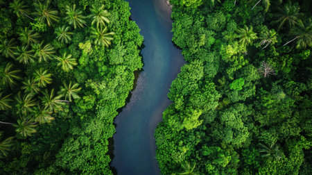 A breathtaking aerial view of a lush tropical rainforest featuring a meandering river, surrounded by vibrant greenery and palm trees, showcasing nature's beauty.の素材