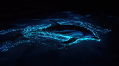 A stunning dolphin swims gracefully through the dark ocean, leaving behind sparkling bioluminescent trails, creating an enchanting and serene underwater spectacle.の素材